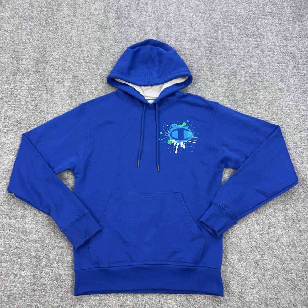 Champion Hoodie Mens Small Blue Fleece Pullover Sweatshirt Splatter Logo GF89H